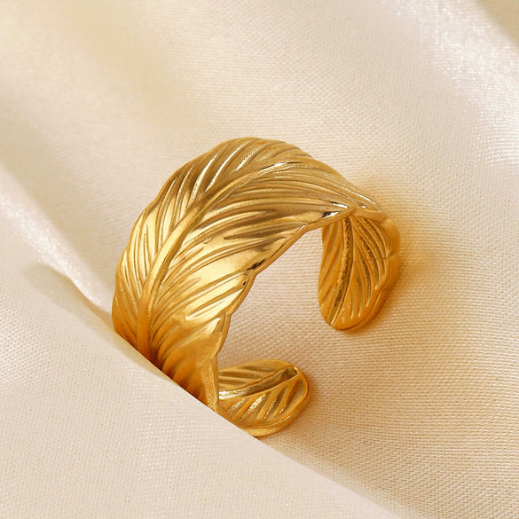 Stainless Steel Feather Hiphop Opening Adjustable Real Gold Electroplated Ring