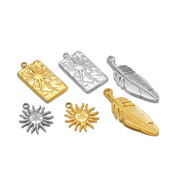Stainless Steel Feather Sun Rectangular Pendant Jewelry Electroplated