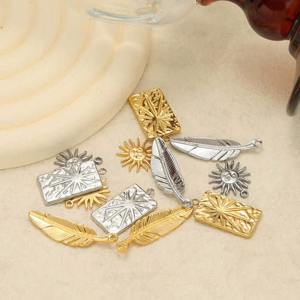 Stainless Steel Feather Sun Rectangular Pendant Jewelry Electroplated