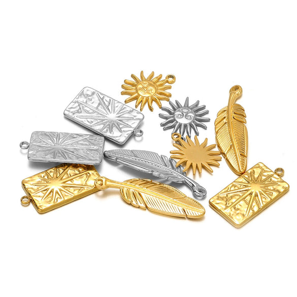 Stainless Steel Feather Sun Rectangular Pendant Jewelry Electroplated