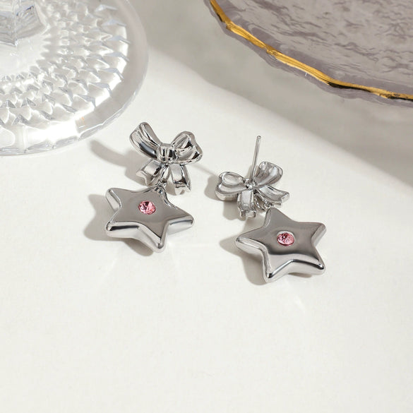 Stainless Steel Fivepointed Star Bow Earrings With Diamond Electroplating Jewelry