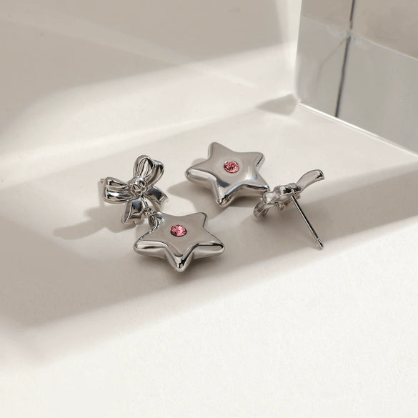 Stainless Steel Fivepointed Star Bow Earrings With Diamond Electroplating Jewelry