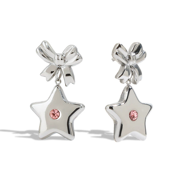 Stainless Steel Fivepointed Star Bow Earrings With Diamond Electroplating Jewelry