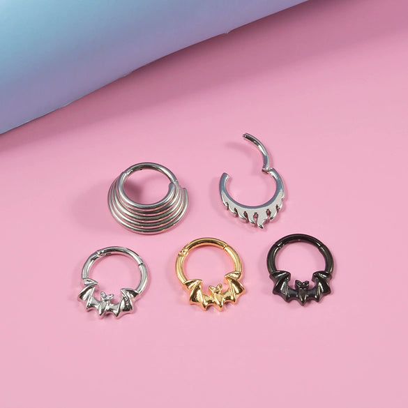 Stainless Steel Flame Fourlayer Stacked Nose Ring Gold Electroplated Bat Design