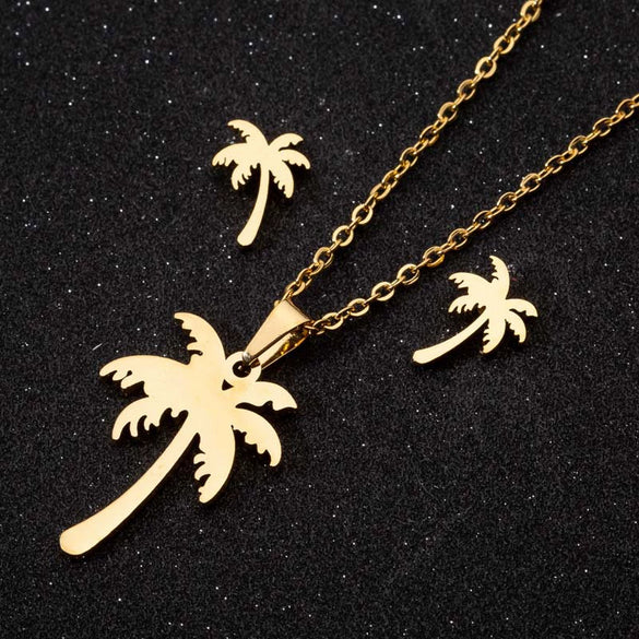 Stainless Steel Floral Leaf Necklace And Earrings Jewelry Set With Ochain Design And Electroplated Finish Wholesale