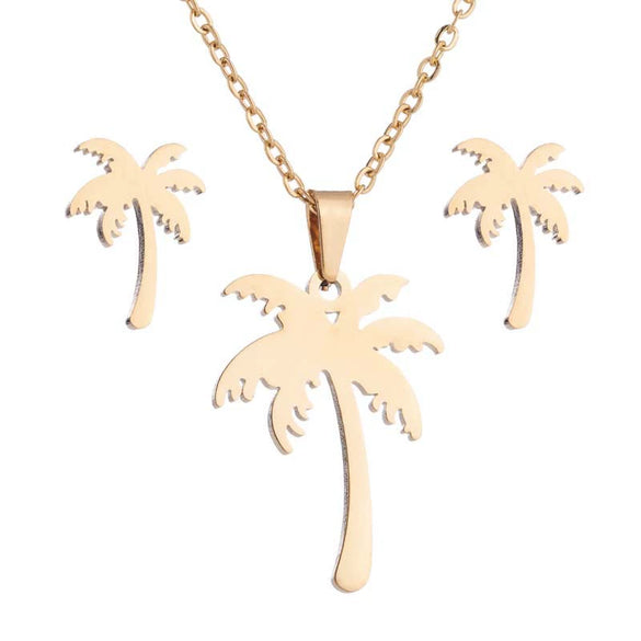 Stainless Steel Floral Leaf Necklace And Earrings Jewelry Set With Ochain Design And Electroplated Finish Wholesale