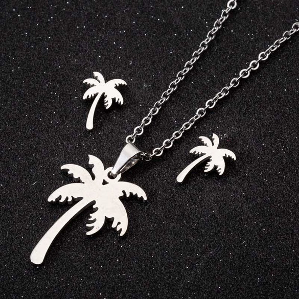 Stainless Steel Floral Leaf Necklace And Earrings Jewelry Set With Ochain Design And Electroplated Finish Wholesale