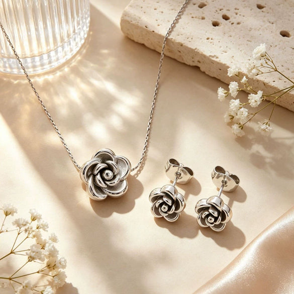 Stainless Steel Floral Necklace And Earring Set For Women Simple Flower Jewelry With Electroplated Finish And Box Chain
