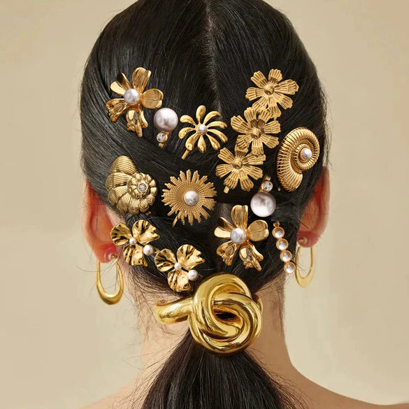 Stainless Steel Flower Bead Onepiece Hairpin Headwear For Women Electroplated Style