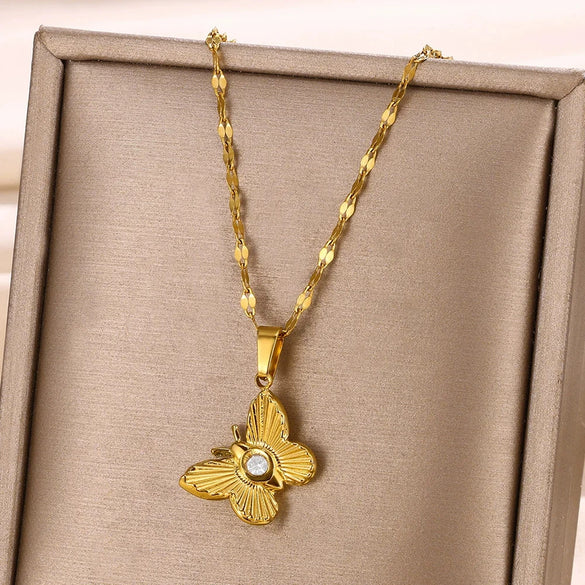 Stainless Steel Flower Butterfly Bee Pendant Necklace Electroplating Vacation Style
