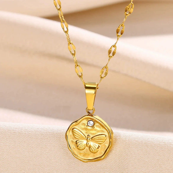 Stainless Steel Flower Butterfly Bee Pendant Necklace Electroplating Vacation Style