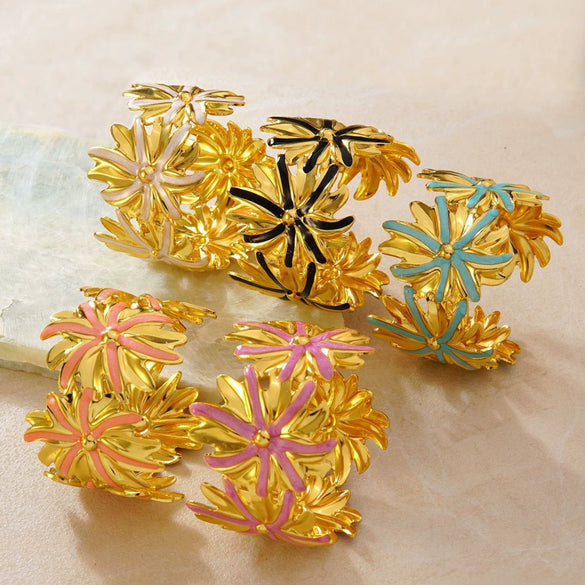 Stainless Steel Flower Drip Enamel Open Bracelet Temperament Style Fashion Versatile Titanium Steel Cuff Bangle