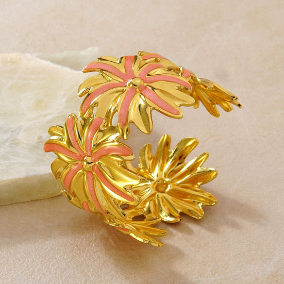 Stainless Steel Flower Drip Enamel Open Bracelet Temperament Style Fashion Versatile Titanium Steel Cuff Bangle