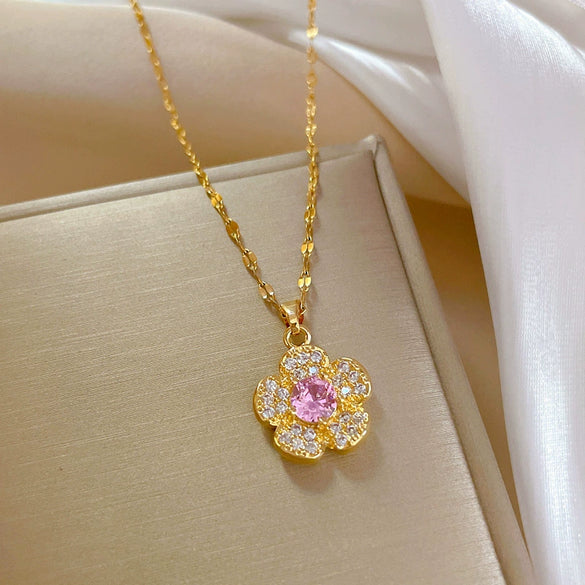 Stainless Steel Flower Geometric Microset Diamond Women's Necklace Cartoon Elegant Light Luxury Clavicle Chain Accessories