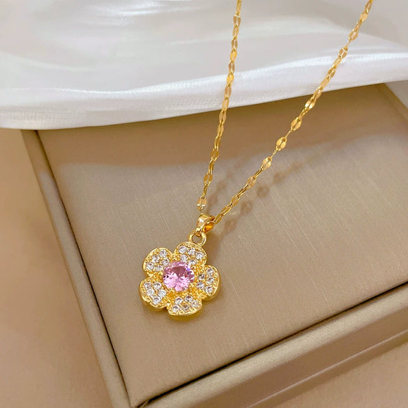 Stainless Steel Flower Geometric Microset Diamond Women's Necklace Cartoon Elegant Light Luxury Clavicle Chain Accessories