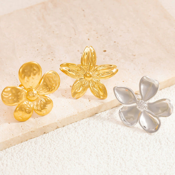 Stainless Steel Flower Geometric Ring Electroplated For Women