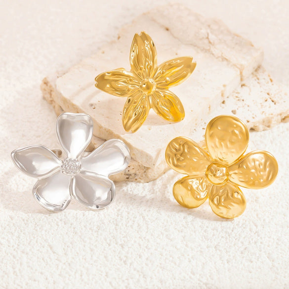 Stainless Steel Flower Geometric Ring Electroplated For Women