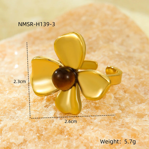 Stainless Steel Flower Inlaid Natural Stone Open Ring Fashion Jewelry Electroplated