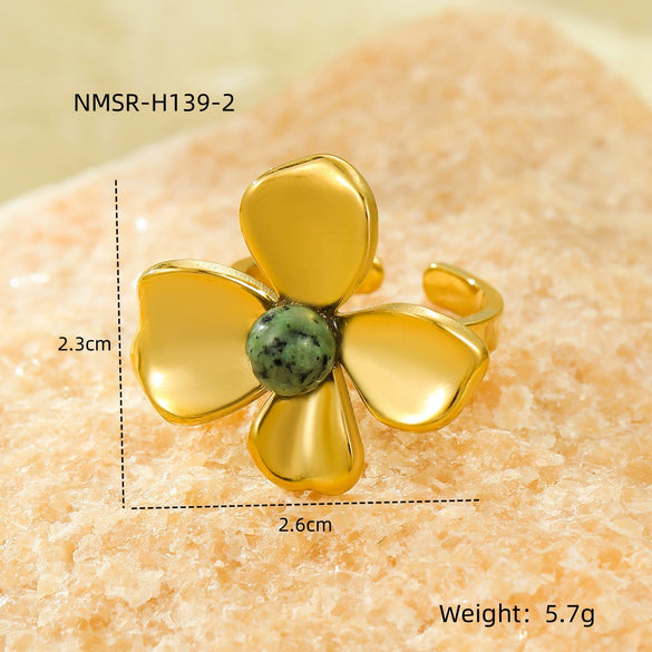 Stainless Steel Flower Inlaid Natural Stone Open Ring Fashion Jewelry Electroplated
