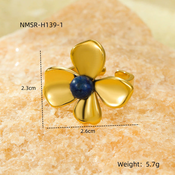 Stainless Steel Flower Inlaid Natural Stone Open Ring Fashion Jewelry Electroplated