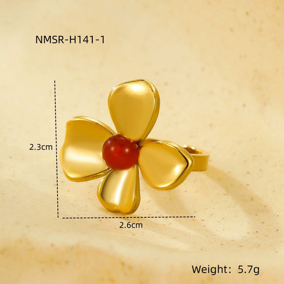 Stainless Steel Flower Inlaid Natural Stone Open Ring Fashion Jewelry Electroplated