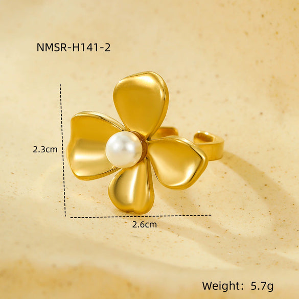 Stainless Steel Flower Inlaid Natural Stone Open Ring Fashion Jewelry Electroplated
