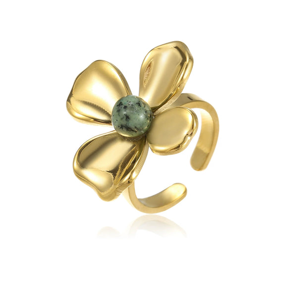 Stainless Steel Flower Inlaid Natural Stone Open Ring Fashion Jewelry Electroplated