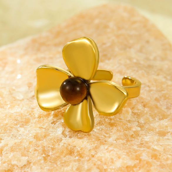 Stainless Steel Flower Inlaid Natural Stone Open Ring Fashion Jewelry Electroplated