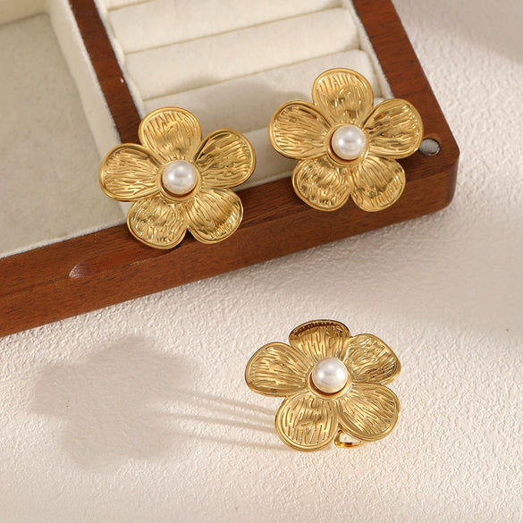 Stainless Steel Flower Jewelry Set For Women With Electroplating Rings And Earrings Included