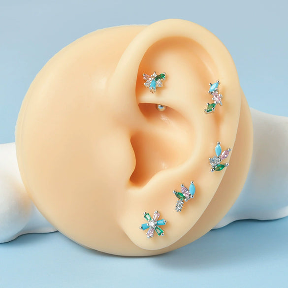 Stainless Steel Flower Leaf Ear Studs With Horse Eye Zircon And Diamond Design