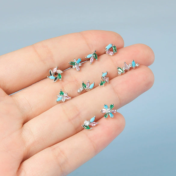 Stainless Steel Flower Leaf Ear Studs With Horse Eye Zircon And Diamond Design