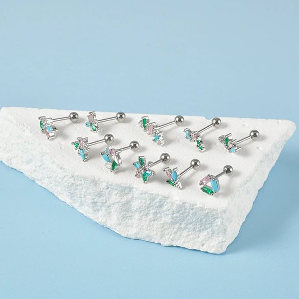 Stainless Steel Flower Leaf Ear Studs With Horse Eye Zircon And Diamond Design