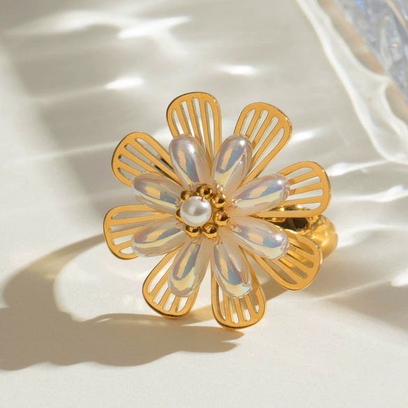 Stainless Steel Flower Leaf Style Electroplated Women's Ring