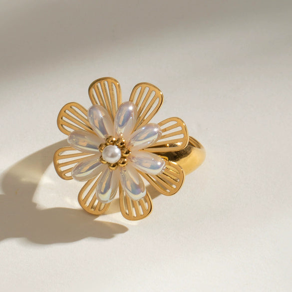 Stainless Steel Flower Leaf Style Electroplated Women's Ring
