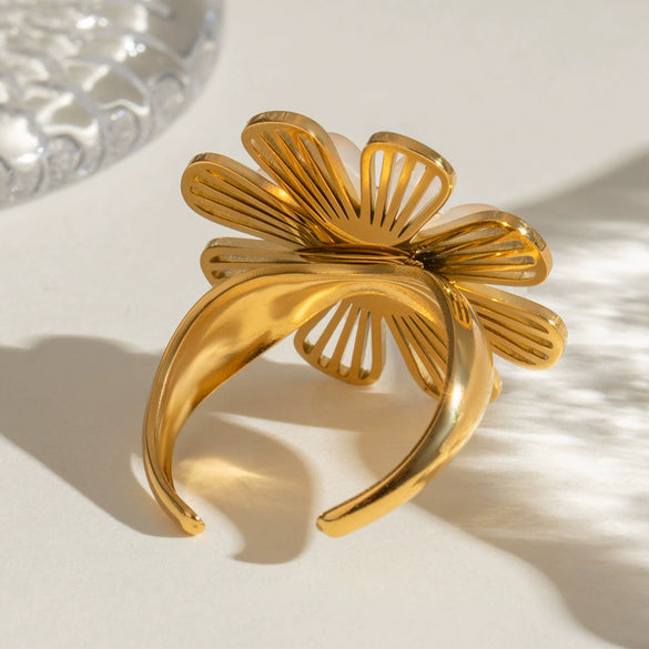 Stainless Steel Flower Leaf Style Electroplated Women's Ring
