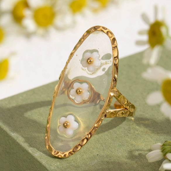 Stainless Steel Flower Opening Leaves Ring Electroplated Women's Hand Jewelry