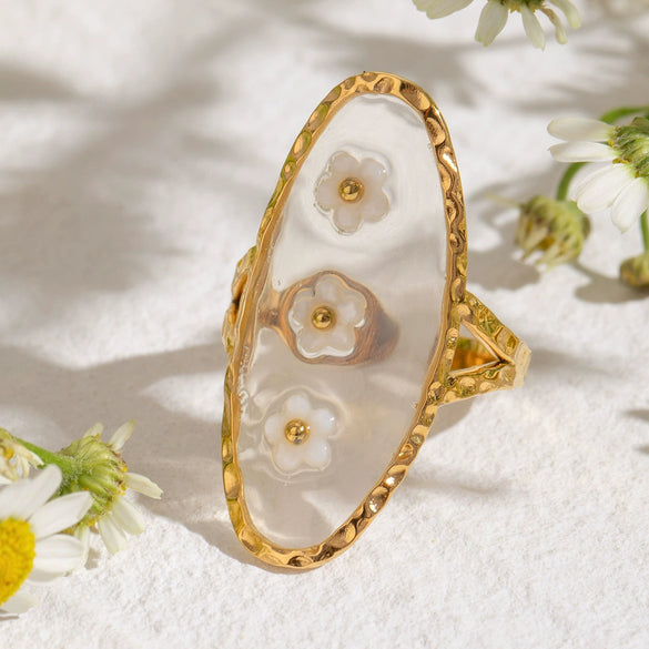 Stainless Steel Flower Opening Leaves Ring Electroplated Women's Hand Jewelry