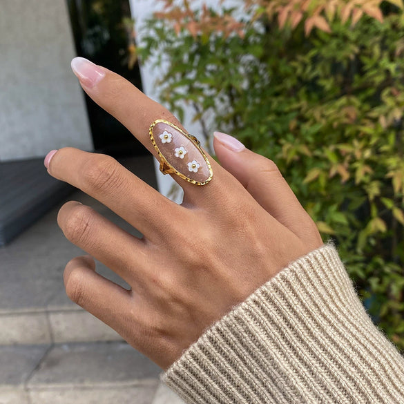 Stainless Steel Flower Opening Leaves Ring Electroplated Women's Hand Jewelry