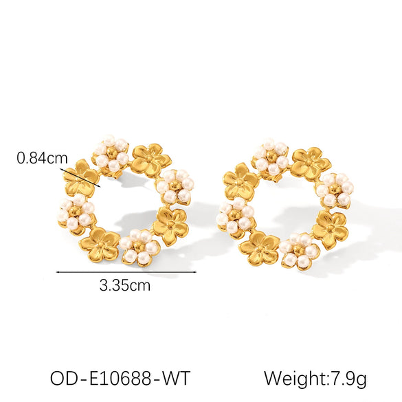 Stainless Steel Flower Patterned Pvd Electroplated Antique Style Women's Pearl Inlaid Garland Earrings