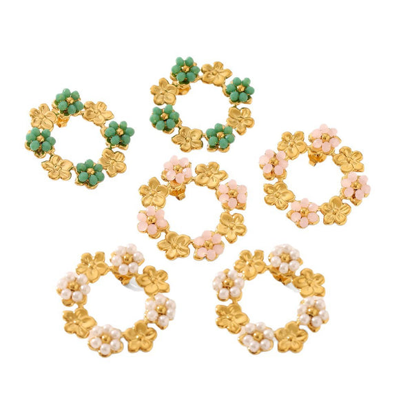 Stainless Steel Flower Patterned Pvd Electroplated Antique Style Women's Pearl Inlaid Garland Earrings
