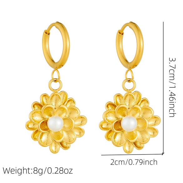 Stainless Steel Flower Pearl Gold Plated Lotus Pendant Earrings Retro Palace Style For Women
