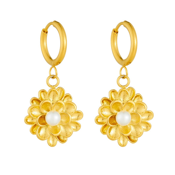 Stainless Steel Flower Pearl Gold Plated Lotus Pendant Earrings Retro Palace Style For Women