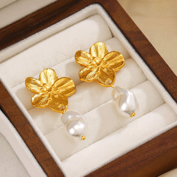 Stainless Steel Flower Pendant Earrings For Women Electroplated With Pearl