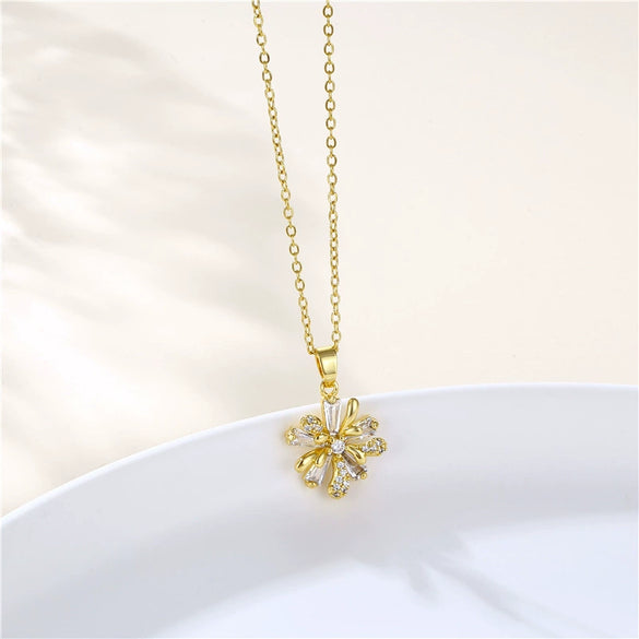 Stainless Steel Flower Pendant Necklace For Women With Mixed Gem Inlay And Electroplating
