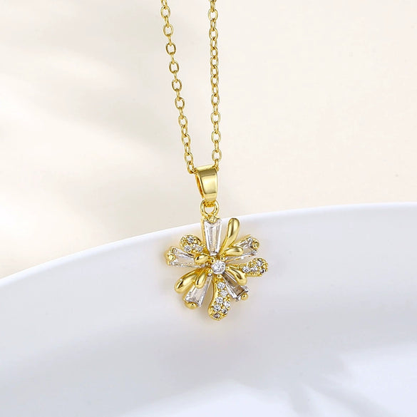 Stainless Steel Flower Pendant Necklace For Women With Mixed Gem Inlay And Electroplating