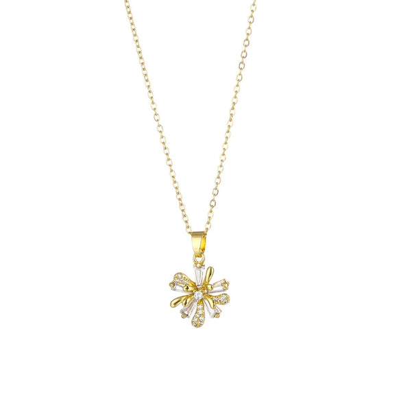 Stainless Steel Flower Pendant Necklace For Women With Mixed Gem Inlay And Electroplating
