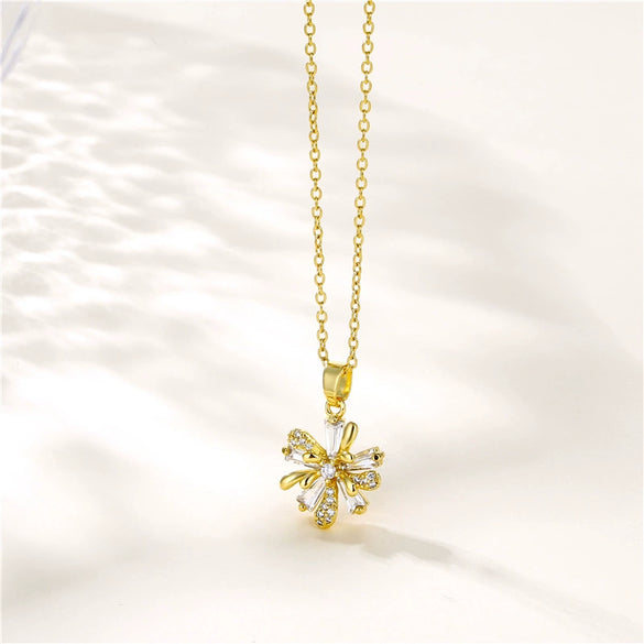 Stainless Steel Flower Pendant Necklace For Women With Mixed Gem Inlay And Electroplating
