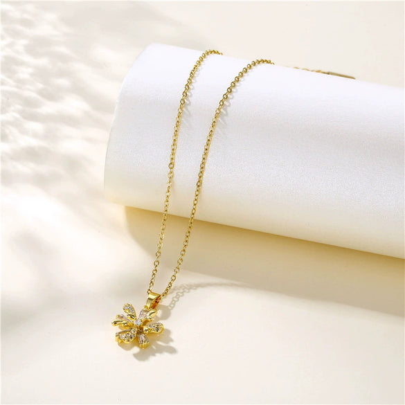 Stainless Steel Flower Pendant Necklace For Women With Mixed Gem Inlay And Electroplating