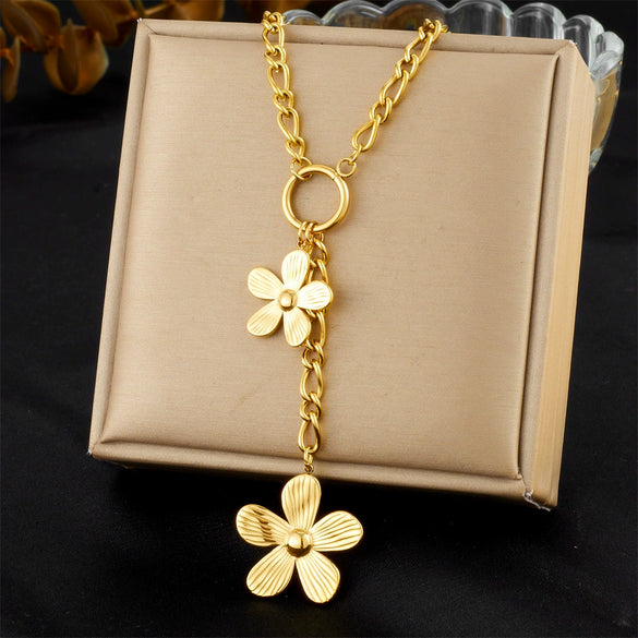 Stainless Steel Flower Shaped Long Tassel Clavicle Chain Necklace With Electroplating Process For Women In Fashion Style