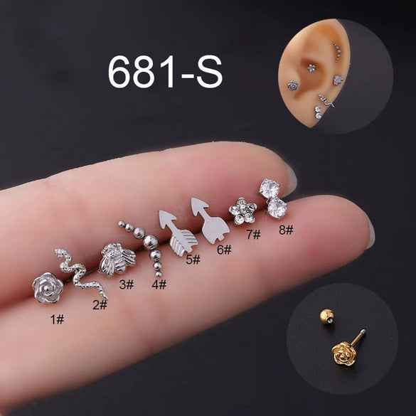 Stainless Steel Flower Snake Ear Bone Screw Ball Earrings Electroplated